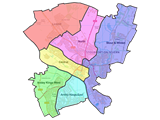 map of Stourport-on-Severn showing 6 different wards in coloured blocks