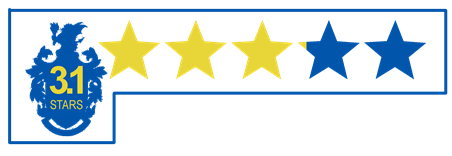 5 stars with outline of town council crest 3 of the stars are yellow with a thin sliver of yellow on the 4th