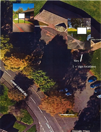 ariel photo of community centre with possible locations marked as by entrance or on south corner of building