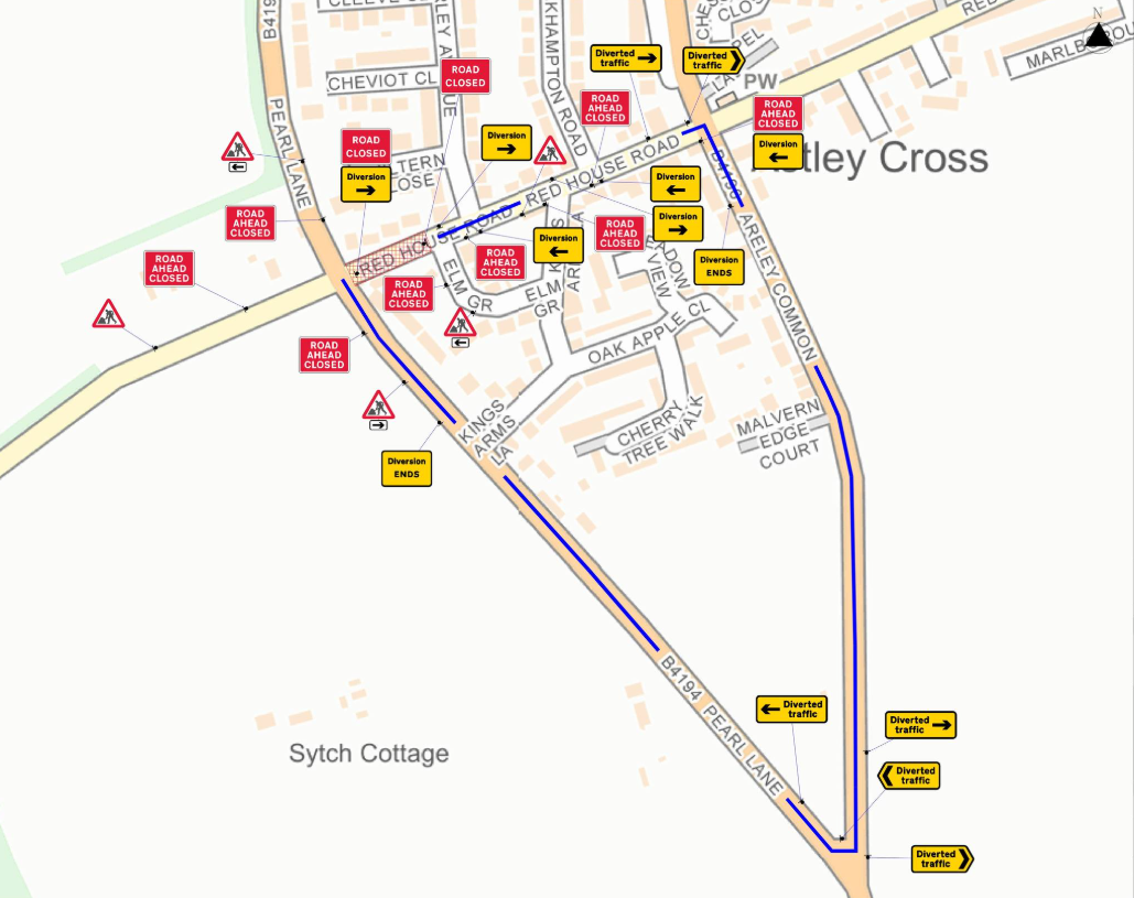 map showing positions of road signs, closure and diversion as per text